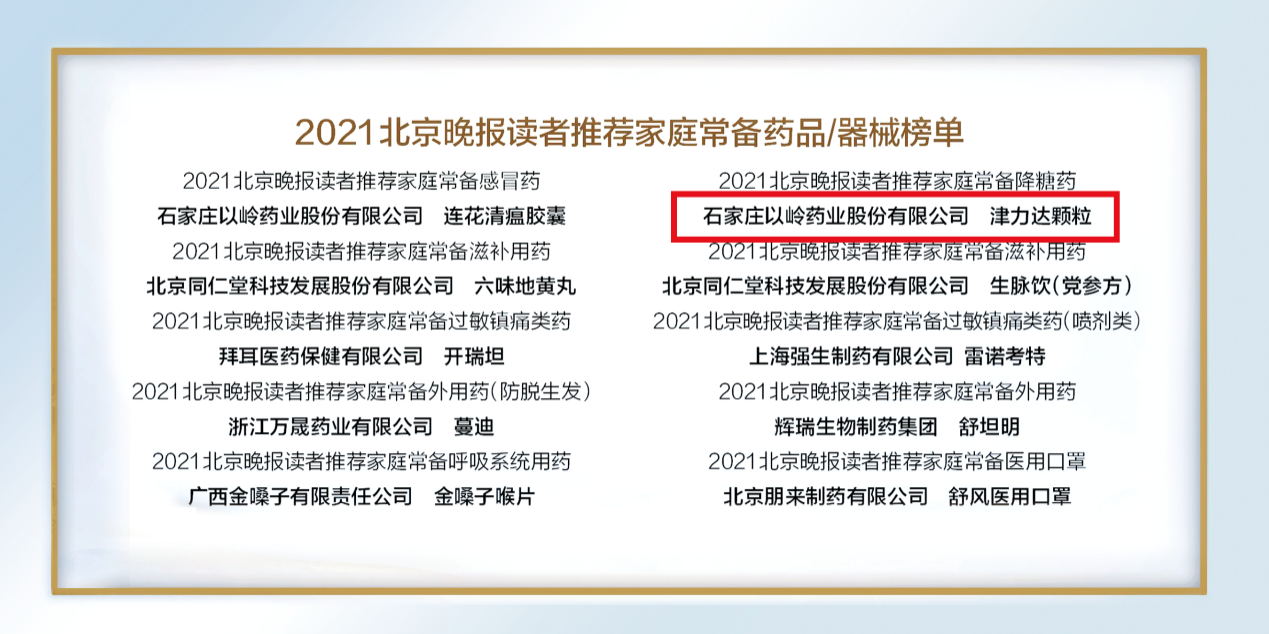 以岭药业专利中药津力达颗粒被北京晚报评为家庭常备降糖药